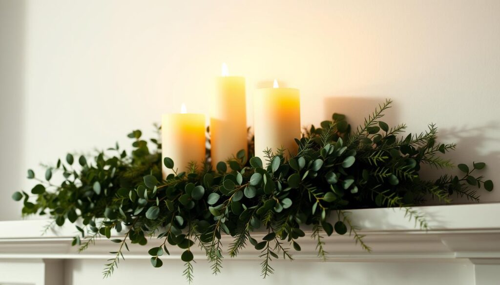minimalist mantel decor with candles and greenery