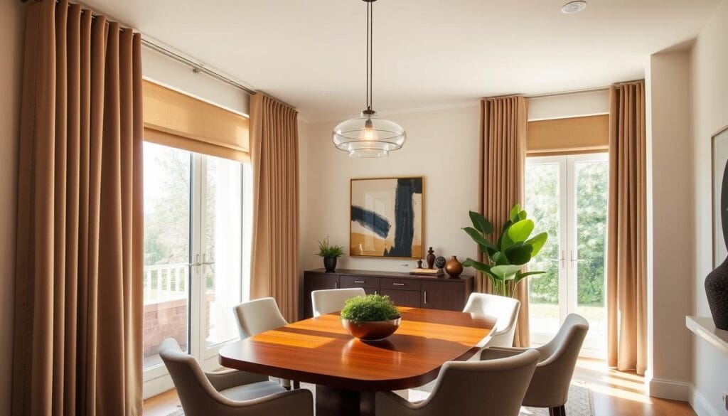 modern dining room decor with custom window treatments