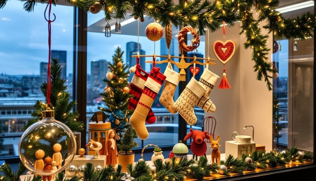 modern office window christmas decorating with local artisans