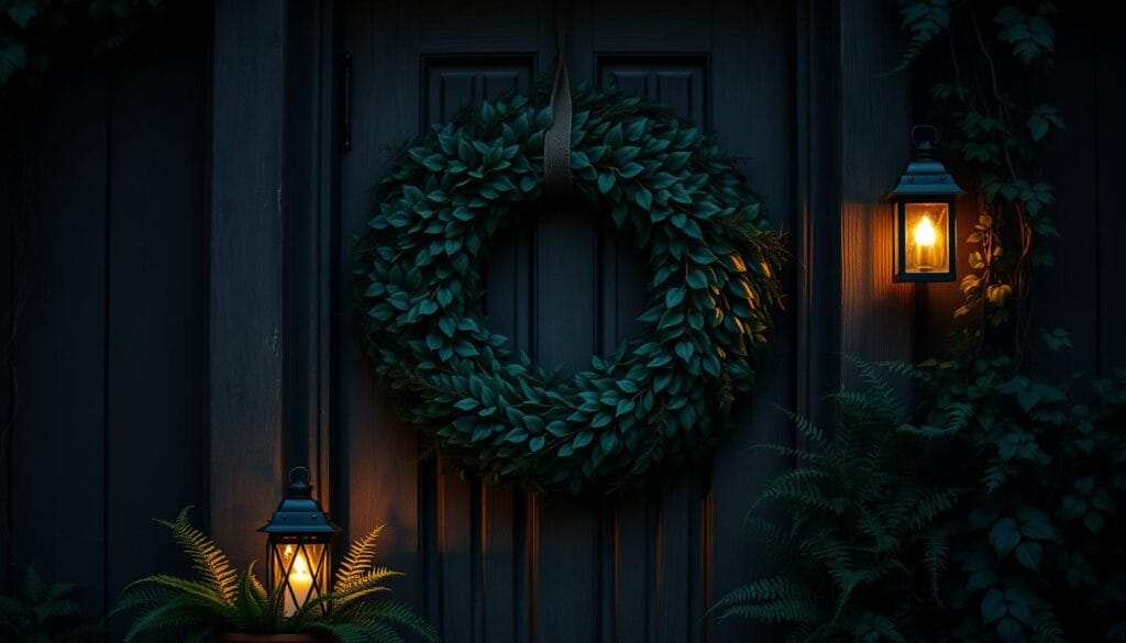 moody dark greenery door decor