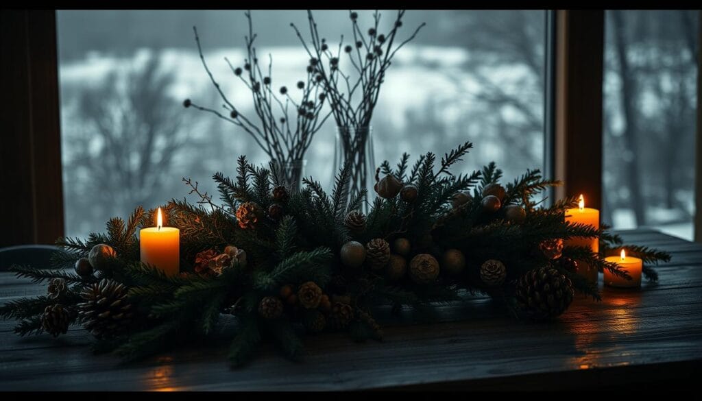 moody winter decorations with greenery