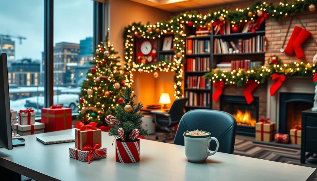 office christmas decorating with classic colors