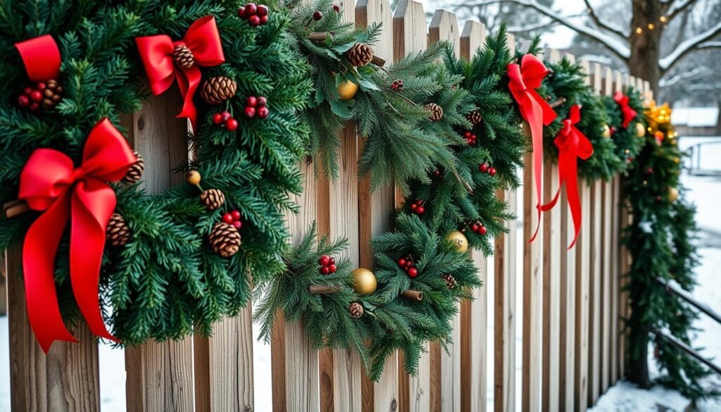 outdoor holiday fence decor with garlands and wreaths