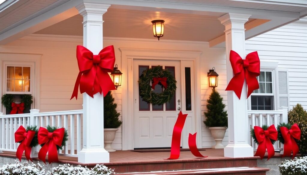 oversized red bows on porch columns