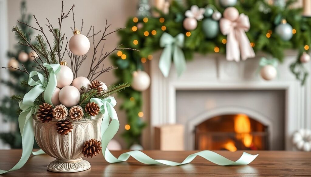 pastel holiday decor with mint ribbons