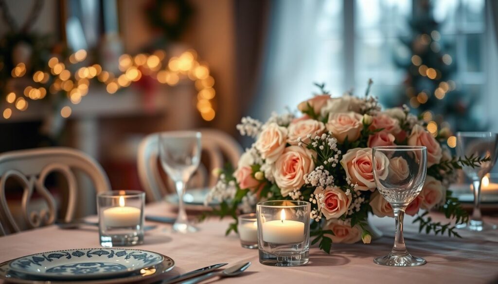pink and blue holiday table setting