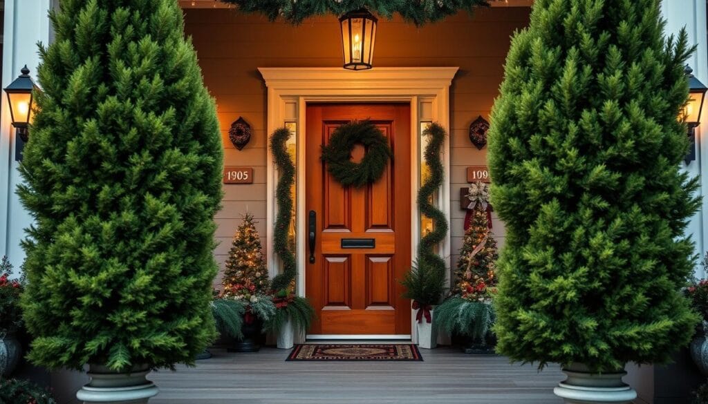 porch trees flanking entryway