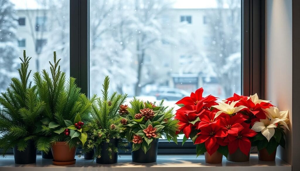 professional office window holiday decor with seasonal plants
