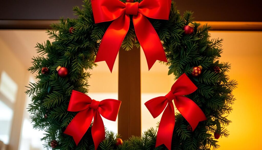 red bows on evergreen wreath