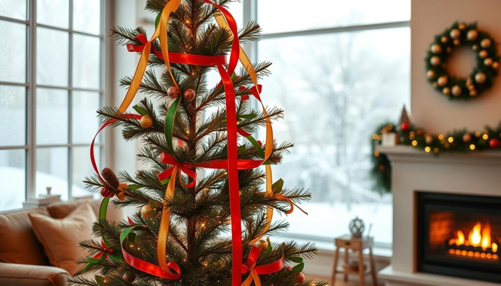 ribbon-wrapped tree decor