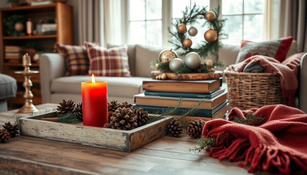 rustic Christmas coffee table accents