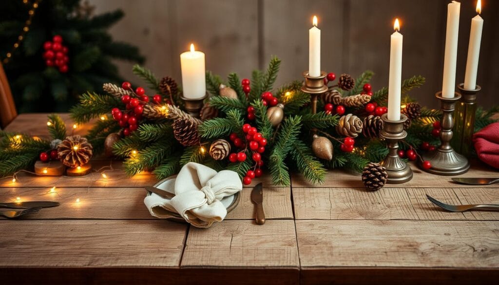 rustic Christmas table decor with string lights