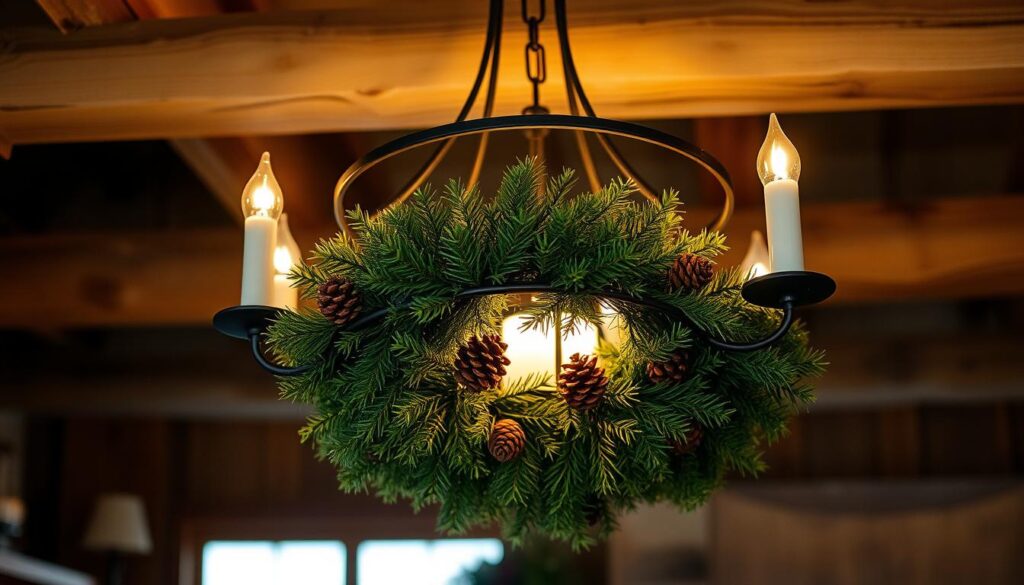 rustic evergreen wreath chandelier