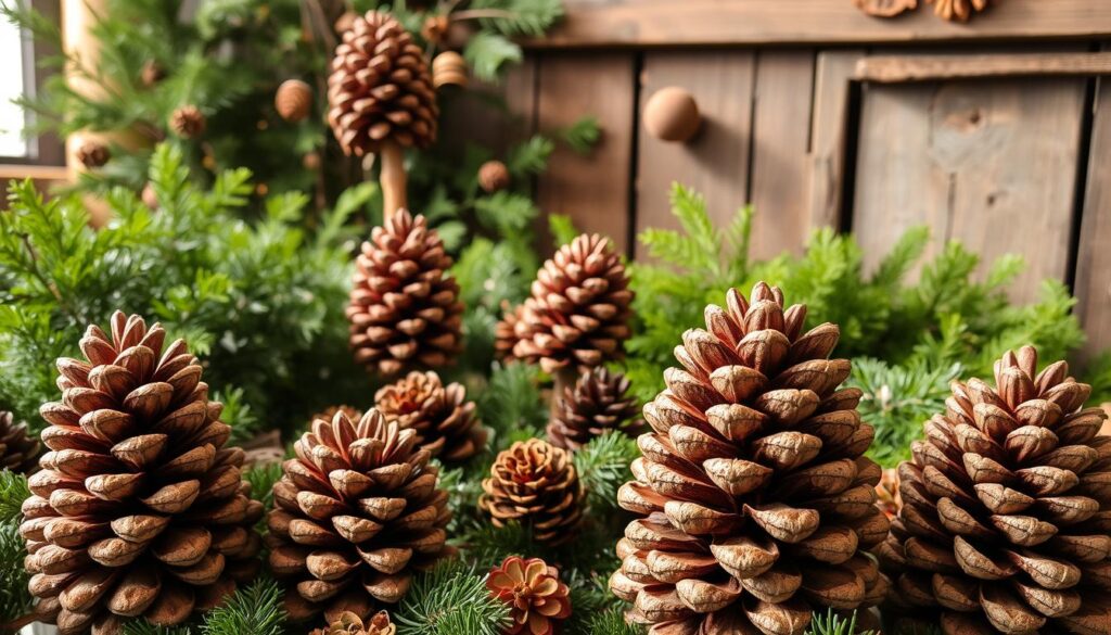 rustic pinecone topiaries