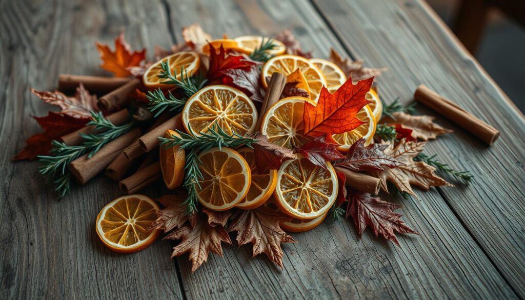 rustic table setting with dried fruit and leaves
