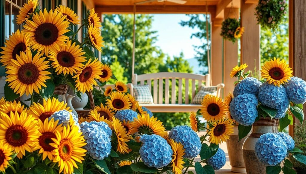 sunflowers and hydrangeas in late summer decor