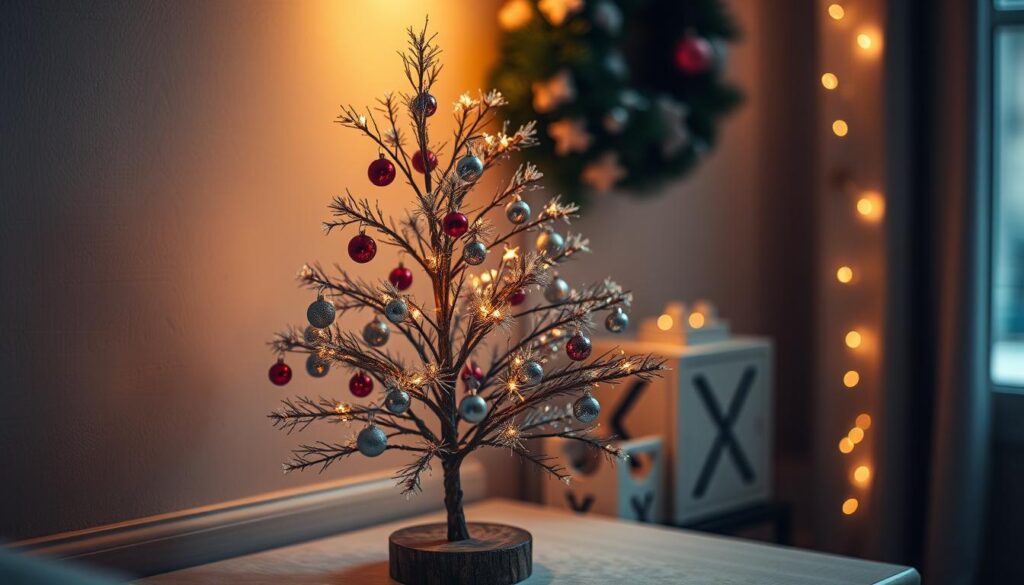 tabletop holiday tree with mini ornaments