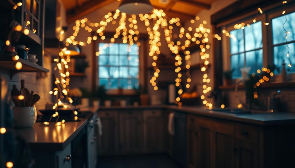 twinkle lights in kitchen
