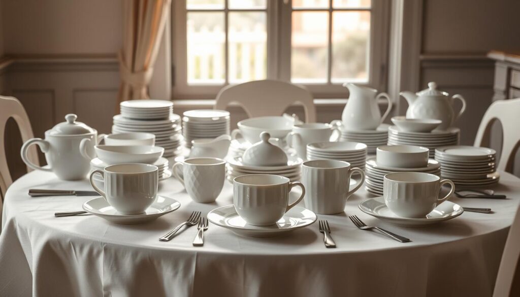 white dishes table setting