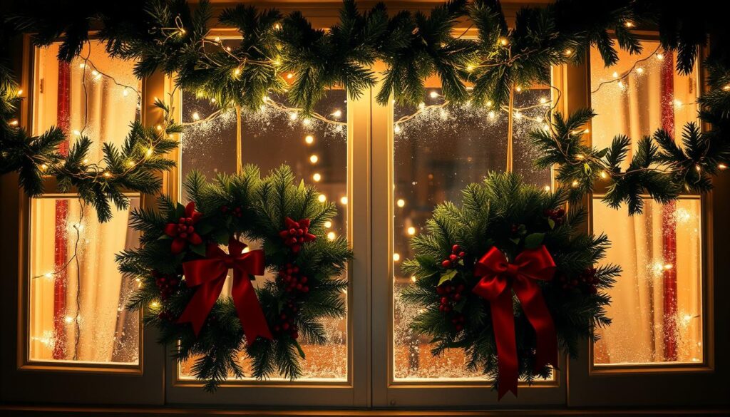 window decor with twinkle lights and wreaths