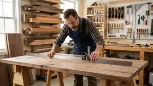 Woodworker checking a solid wood tabletop for warping