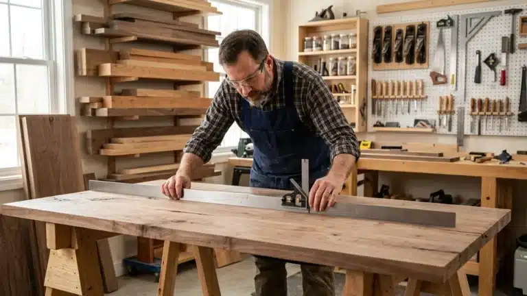 Woodworker checking a solid wood tabletop for warping