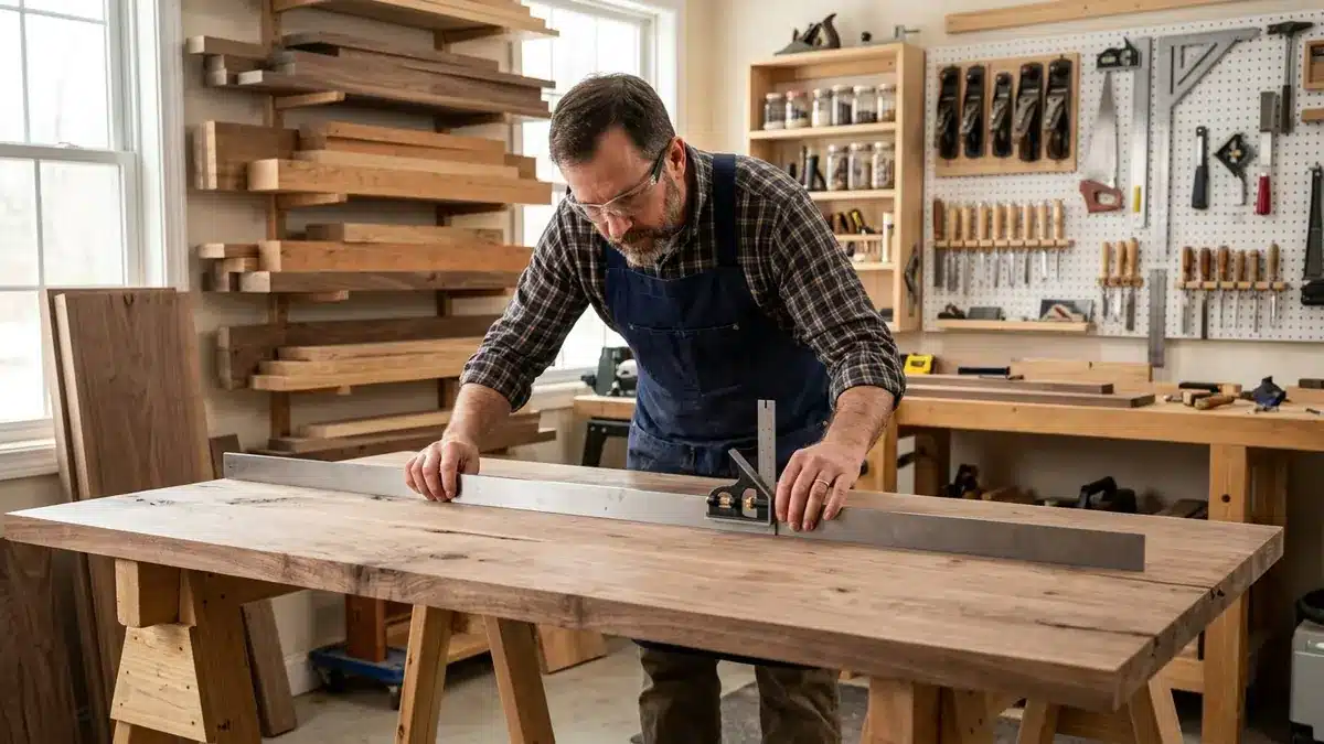 Home Decor & DIY Woodworking 1 Woodworker checking a solid wood tabletop for warping