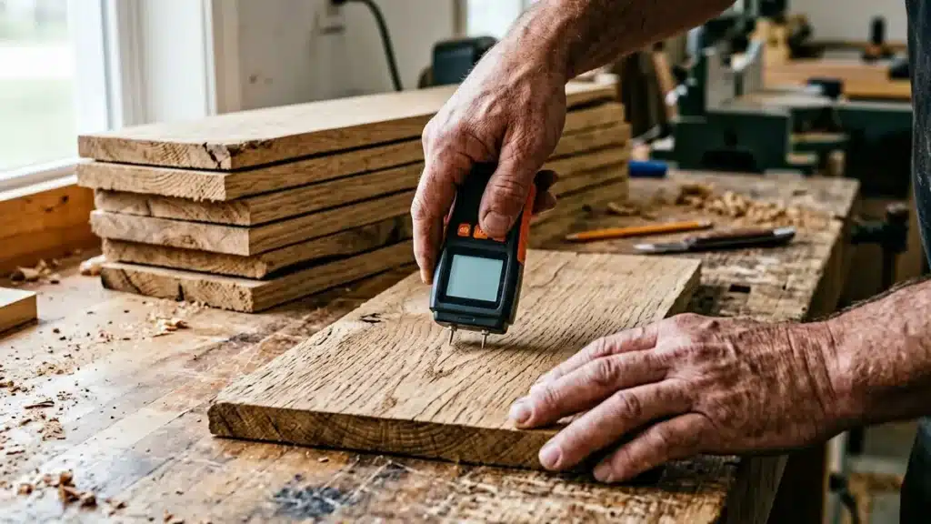 Using a moisture meter on a hardwood board