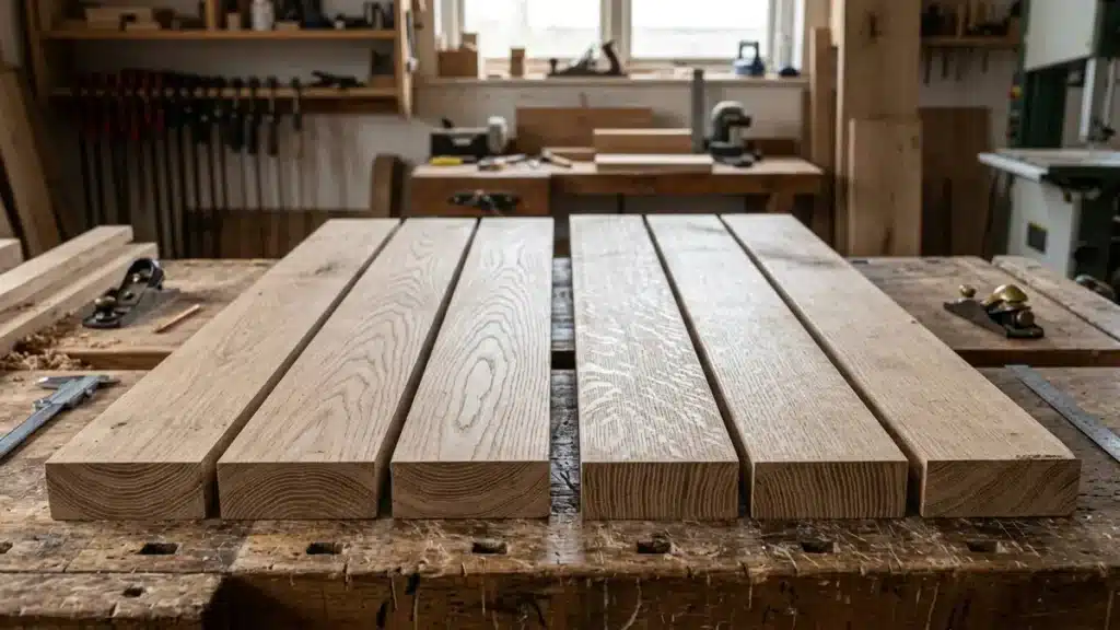 Flat-sawn and quarter-sawn oak boards showing different grain