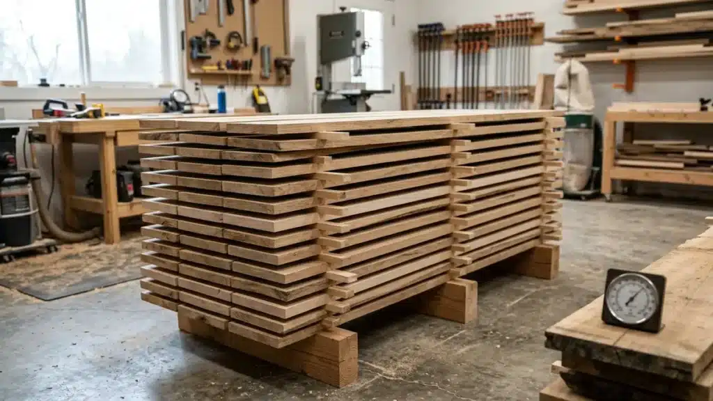 Hardwood boards stacked with stickers for indoor acclimation