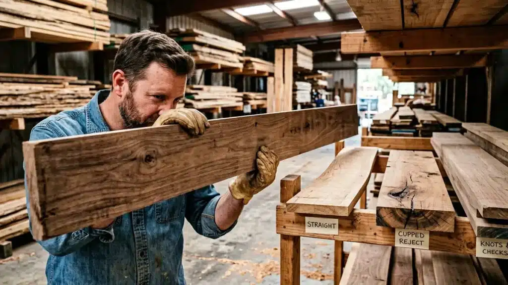 Woodworker sighting along a board to check for bow and twist