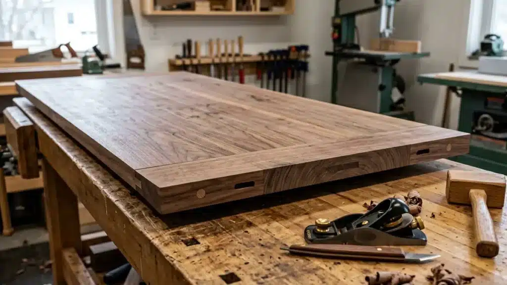 Solid wood tabletop with a breadboard end