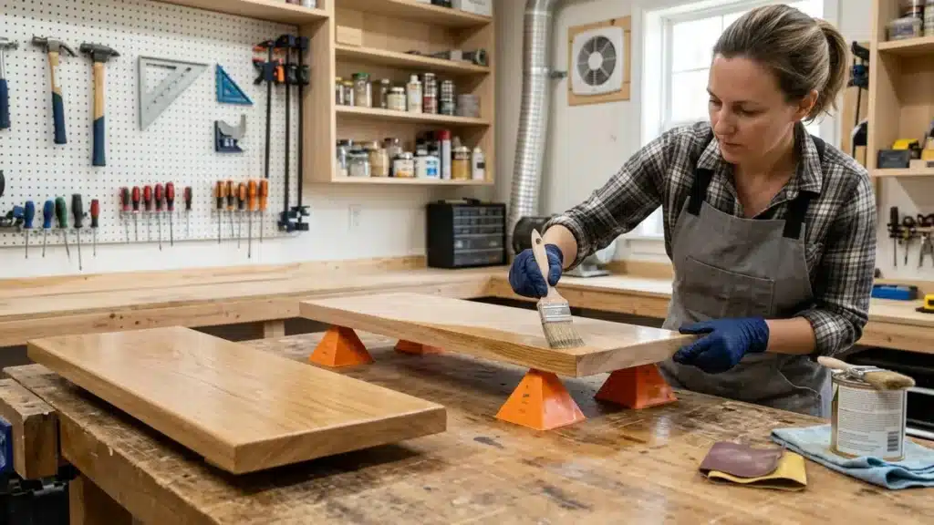 Applying clear finish evenly to all sides of a wood shelf
