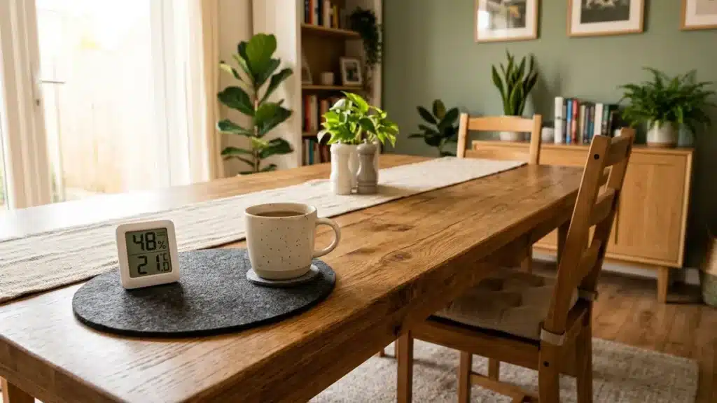 Solid wood dining table kept in stable indoor humidity