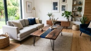 Finished epoxy river table with dark walnut live-edge slabs and a deep blue resin river in a bright living room