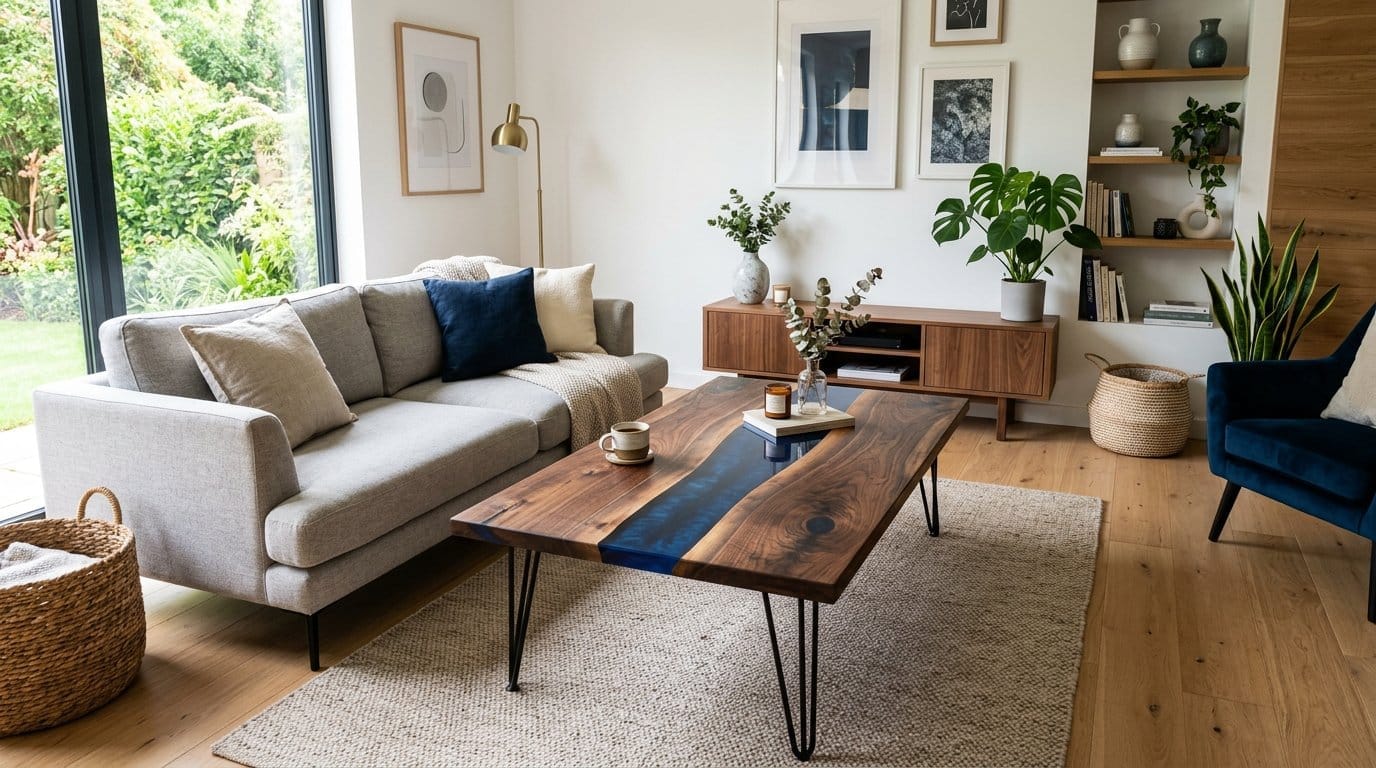 Finished epoxy river table with dark walnut live-edge slabs and a deep blue resin river in a bright living room