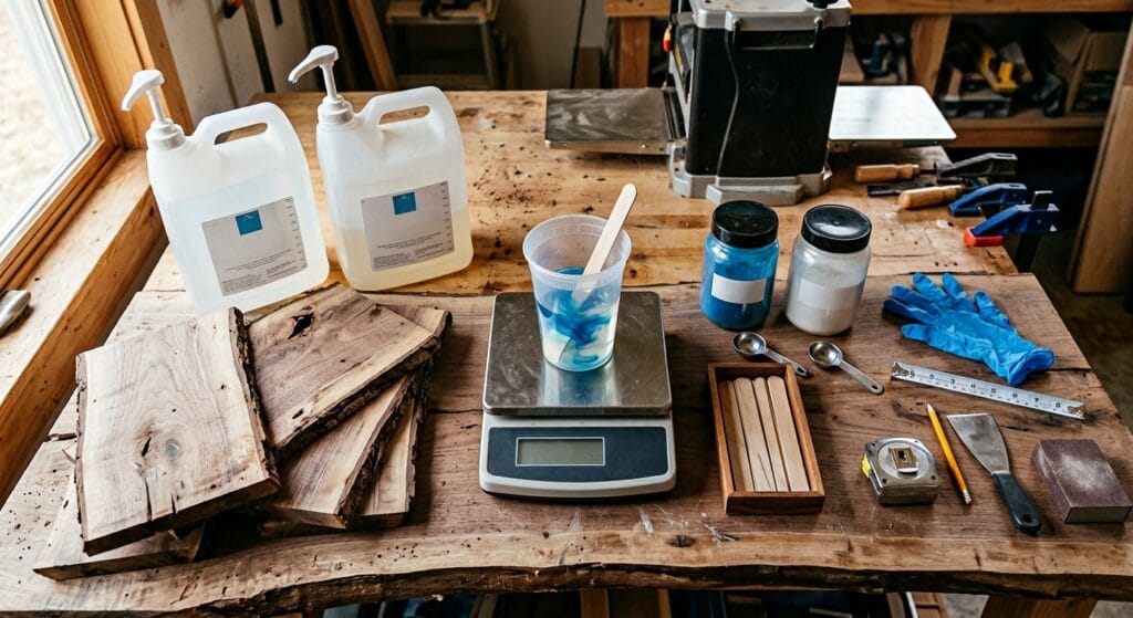 Epoxy river table materials laid out on a workbench: live-edge slabs, resin, mixing cups, scale, pigments and gloves