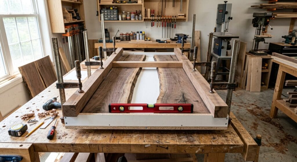 Two live-edge walnut slabs positioned in a wooden mold with a gap for the epoxy river and cauls holding them flat