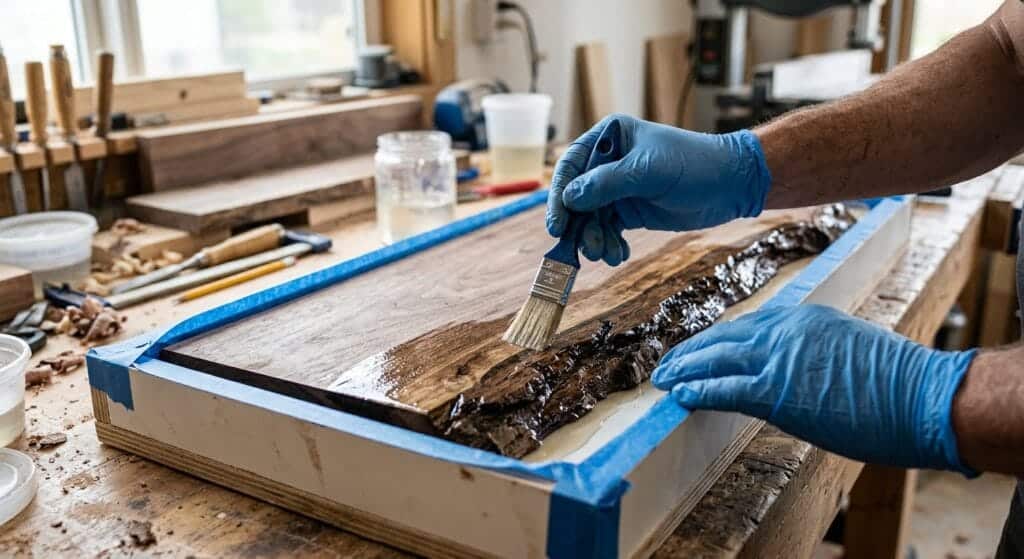 Brushing a clear epoxy seal coat along the live edge of a wood slab inside the mold