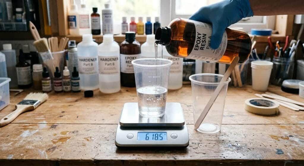Weighing epoxy resin and hardener in clear mixing cups on a digital scale for a river table pour
