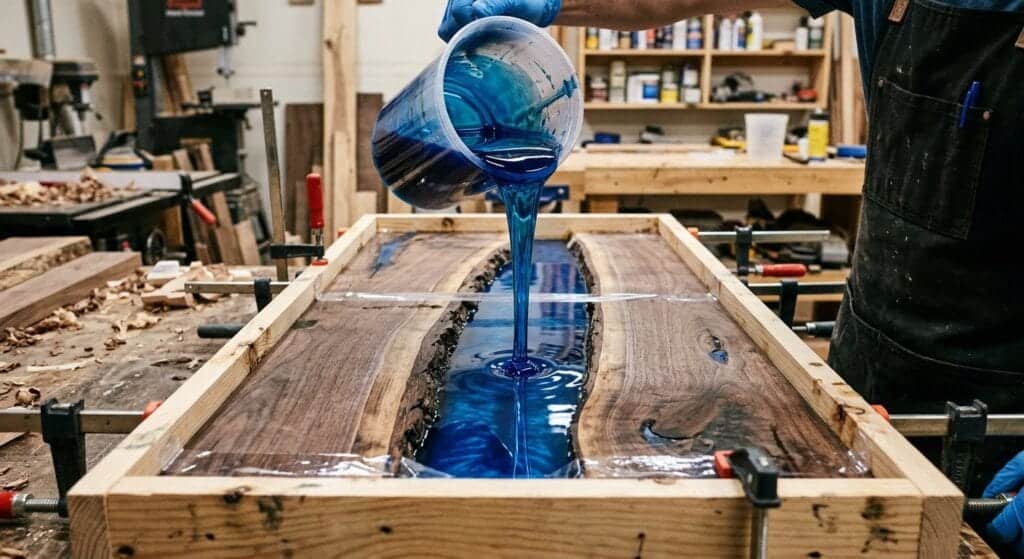 Pouring translucent sapphire-blue epoxy resin in a steady stream between two live-edge walnut slabs