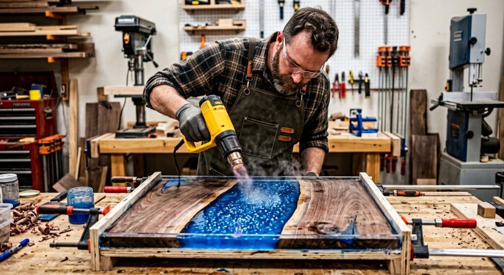 Using a heat gun over freshly poured blue epoxy river to pop surface bubbles