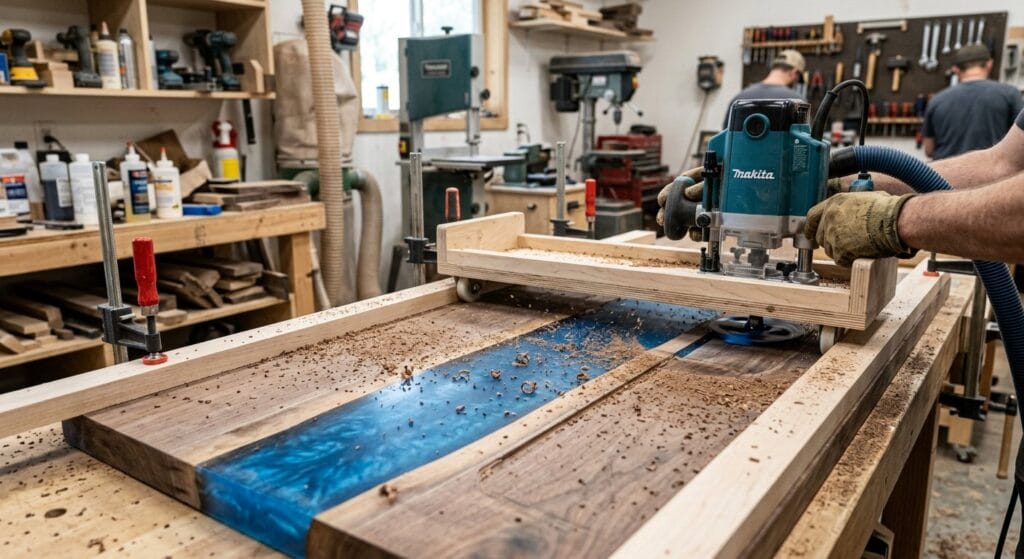 Router sled flattening the cured epoxy river tabletop into one level plane