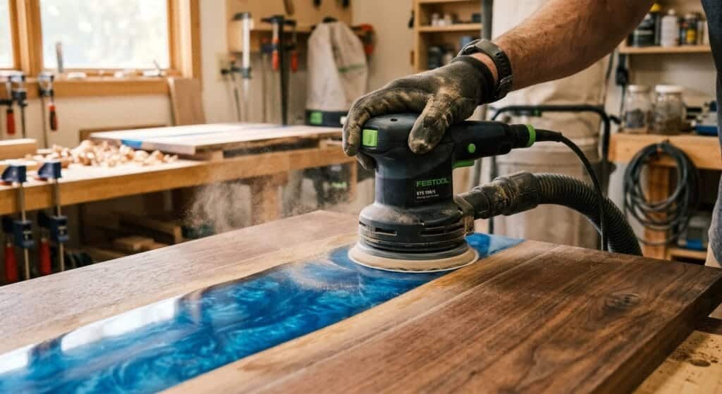 Sanding a cured epoxy river tabletop with an orbital sander for a smooth finish