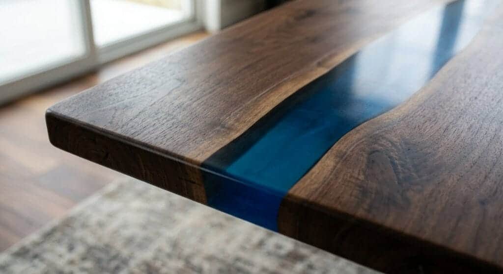 Close-up of the finished deep blue epoxy river meeting dark walnut live-edge wood