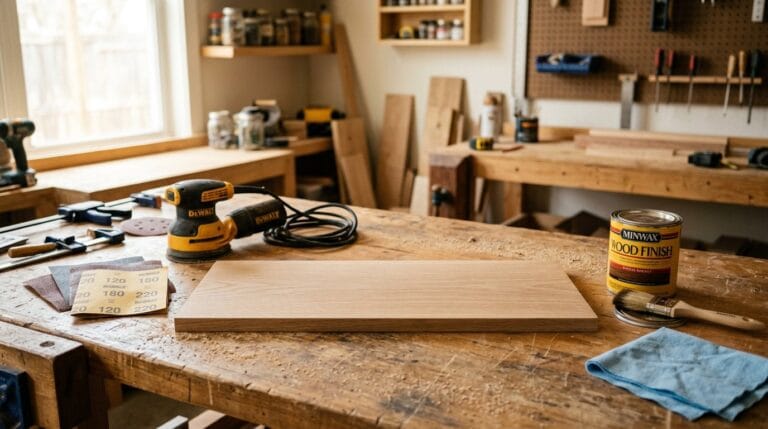 Wood sanding and finishing supplies laid out on a workbench — sandpaper sheets, random-orbit sander, wood stain can and brush beside a bare oak board
