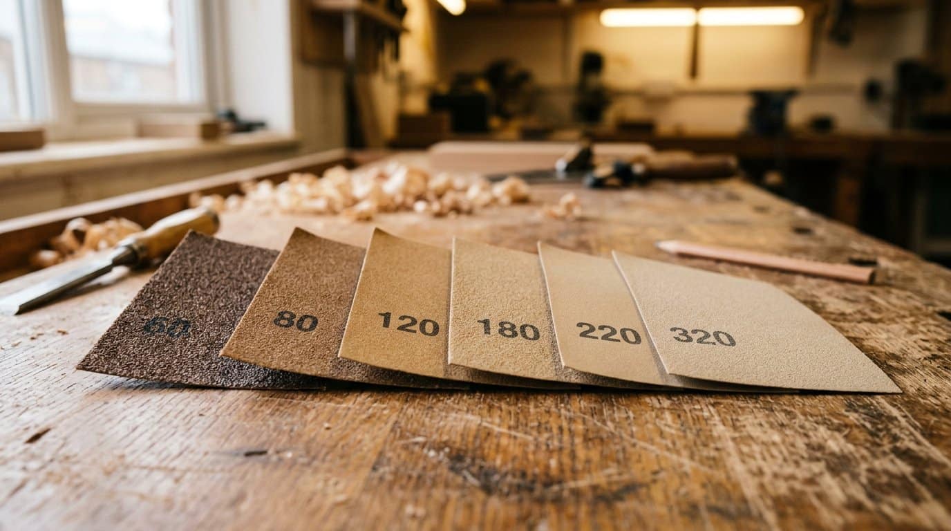 Sandpaper grits from 60 to 320 arranged in a row on a workbench showing coarse to fine sandpaper