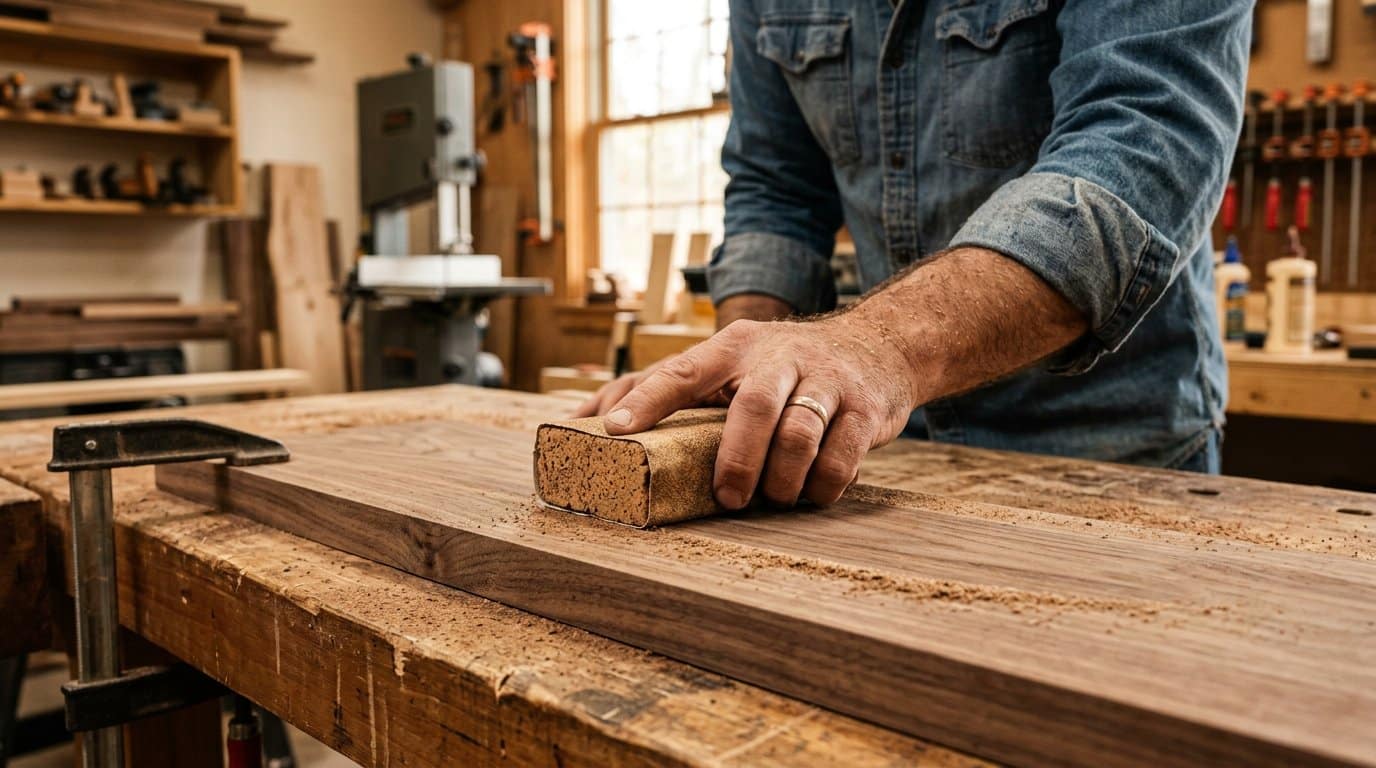 Hand sanding a wooden board with a cork sanding block wrapped in sandpaper, working along the grain