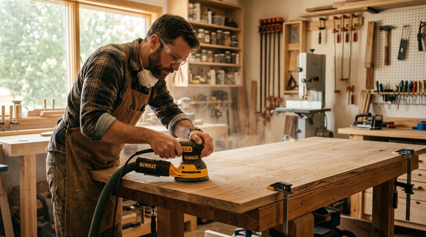 Random-orbit power sander smoothing a large flat oak tabletop panel in a home workshop