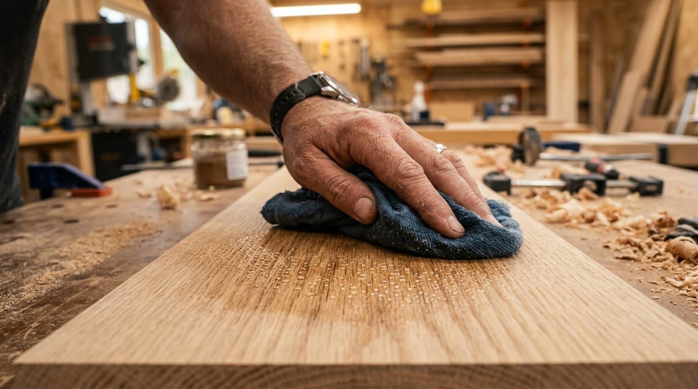 Wiping a damp cloth across bare sanded wood to raise the grain before the final sanding pass
